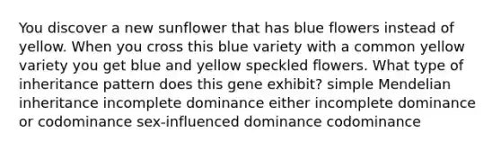 You discover a new sunflower that has blue flowers instead of yellow. When you cross this blue variety with a common yellow variety you get blue and yellow speckled flowers. What type of inheritance pattern does this gene exhibit? simple Mendelian inheritance incomplete dominance either incomplete dominance or codominance sex-influenced dominance codominance