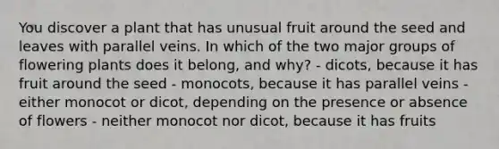 You discover a plant that has unusual fruit around the seed and leaves with parallel veins. In which of the two major groups of flowering plants does it belong, and why? - dicots, because it has fruit around the seed - monocots, because it has parallel veins - either monocot or dicot, depending on the presence or absence of flowers - neither monocot nor dicot, because it has fruits