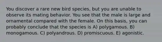 You discover a rare new bird species, but you are unable to observe its mating behavior. You see that the male is large and ornamental compared with the female. On this basis, you can probably conclude that the species is A) polygamous. B) monogamous. C) polyandrous. D) promiscuous. E) agonistic.