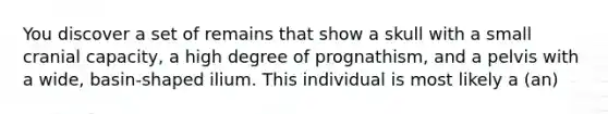You discover a set of remains that show a skull with a small cranial capacity, a high degree of prognathism, and a pelvis with a wide, basin-shaped ilium. This individual is most likely a (an)