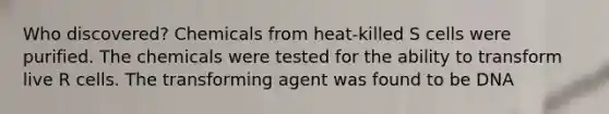 Who discovered? Chemicals from heat-killed S cells were purified. The chemicals were tested for the ability to transform live R cells. The transforming agent was found to be DNA