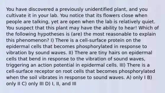 You have discovered a previously unidentified plant, and you cultivate it in your lab. You notice that its flowers close when people are talking, yet are open when the lab is relatively quiet. You suspect that this plant may have the ability to hear! Which of the following hypotheses is (are) the most reasonable to explain this phenomenon? I) There is a cell-surface protein on the epidermal cells that becomes phosphorylated in response to vibration by sound waves. II) There are tiny hairs on epidermal cells that bend in response to the vibration of sound waves, triggering an action potential in epidermal cells. III) There is a cell-surface receptor on root cells that becomes phosphorylated when the soil vibrates in response to sound waves. A) only I B) only II C) only III D) I, II, and III