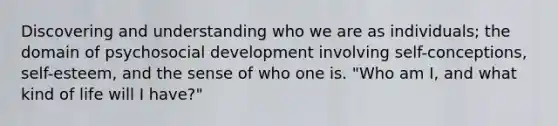 Discovering and understanding who we are as individuals; the domain of psychosocial development involving self-conceptions, self-esteem, and the sense of who one is. "Who am I, and what kind of life will I have?"