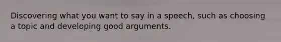 Discovering what you want to say in a speech, such as choosing a topic and developing good arguments.