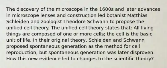 The discovery of the microscope in the 1600s and later advances in microscope lenses and construction led botanist Matthias Schleiden and zoologist Theodore Schwann to propose the unified cell theory. The unified cell theory states that: All living things are composed of one or more cells; the cell is the basic unit of life. In their original theory, Schleiden and Schwann proposed spontaneous generation as the method for cell reproduction, but spontaneous generation was later disproven. How this new evidence led to changes to the scientific theory?