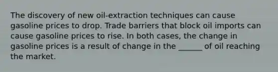 The discovery of new oil-extraction techniques can cause gasoline prices to drop. Trade barriers that block oil imports can cause gasoline prices to rise. In both cases, the change in gasoline prices is a result of change in the ______ of oil reaching the market.