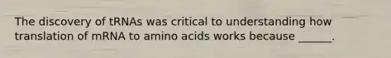 The discovery of tRNAs was critical to understanding how translation of mRNA to amino acids works because ______.