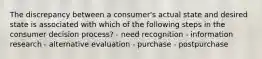 The discrepancy between a consumer's actual state and desired state is associated with which of the following steps in the consumer decision process? - need recognition - information research - alternative evaluation - purchase - postpurchase