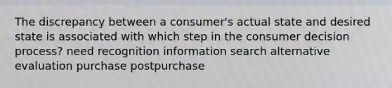 The discrepancy between a consumer's actual state and desired state is associated with which step in the consumer decision process? need recognition information search alternative evaluation purchase postpurchase