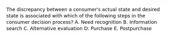 The discrepancy between a consumer's actual state and desired state is associated with which of the following steps in the consumer decision process? A. Need recognition B. Information search C. Alternative evaluation D. Purchase E. Postpurchase