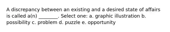 A discrepancy between an existing and a desired state of affairs is called a(n) ________. Select one: a. graphic illustration b. possibility c. problem d. puzzle e. opportunity