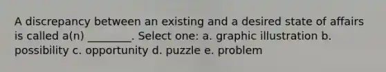 A discrepancy between an existing and a desired state of affairs is called a(n) ________. Select one: a. graphic illustration b. possibility c. opportunity d. puzzle e. problem