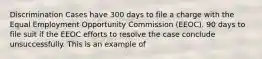 Discrimination Cases have 300 days to file a charge with the Equal Employment Opportunity Commission (EEOC). 90 days to file suit if the EEOC efforts to resolve the case conclude unsuccessfully. This is an example of