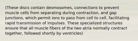 (These discs contain desmosomes, connections to prevent muscle cells from separating during contraction, and gap junctions, which permit ions to pass from cell to cell, facilitating rapid transmission of impulses. These specialized structures ensure that all muscle fibers of the two atria normally contract together, followed shortly by ventricles)