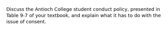 Discuss the Antioch College student conduct policy, presented in Table 9-7 of your textbook, and explain what it has to do with the issue of consent.