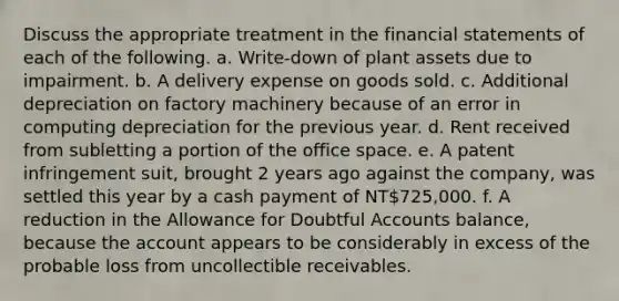 Discuss the appropriate treatment in the financial statements of each of the following. a. Write-down of plant assets due to impairment. b. A delivery expense on goods sold. c. Additional depreciation on factory machinery because of an error in computing depreciation for the previous year. d. Rent received from subletting a portion of the office space. e. A patent infringement suit, brought 2 years ago against the company, was settled this year by a cash payment of NT725,000. f. A reduction in the Allowance for Doubtful Accounts balance, because the account appears to be considerably in excess of the probable loss from uncollectible receivables.