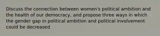 Discuss the connection between women's political ambition and the health of our democracy, and propose three ways in which the gender gap in political ambition and political involvement could be decreased