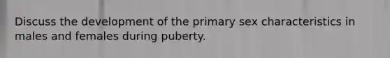 Discuss the development of the primary sex characteristics in males and females during puberty.