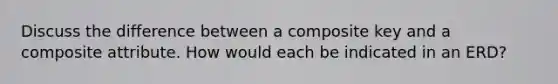 Discuss the difference between a composite key and a composite attribute. How would each be indicated in an ERD?