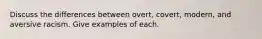 Discuss the differences between overt, covert, modern, and aversive racism. Give examples of each.