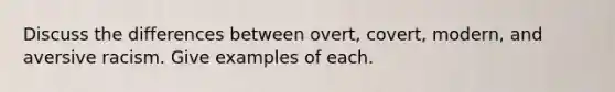 Discuss the differences between overt, covert, modern, and aversive racism. Give examples of each.