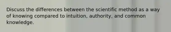 Discuss the differences between <a href='https://www.questionai.com/knowledge/koXrTCHtT5-the-scientific-method' class='anchor-knowledge'>the <a href='https://www.questionai.com/knowledge/kbyVEgDMow-scientific-method' class='anchor-knowledge'>scientific method</a></a> as a way of knowing compared to intuition, authority, and common knowledge.