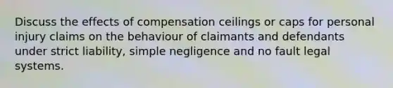 Discuss the effects of compensation ceilings or caps for personal injury claims on the behaviour of claimants and defendants under strict liability, simple negligence and no fault legal systems.