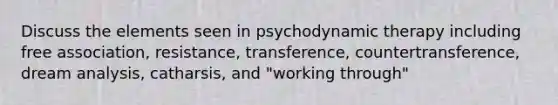 Discuss the elements seen in psychodynamic therapy including free association, resistance, transference, countertransference, dream analysis, catharsis, and "working through"