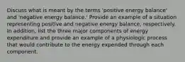 Discuss what is meant by the terms 'positive energy balance' and 'negative energy balance.' Provide an example of a situation representing positive and negative energy balance, respectively. In addition, list the three major components of energy expenditure and provide an example of a physiologic process that would contribute to the energy expended through each component.