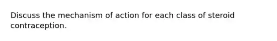 Discuss the mechanism of action for each class of steroid contraception.