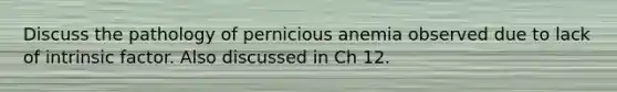 Discuss the pathology of pernicious anemia observed due to lack of intrinsic factor. Also discussed in Ch 12.