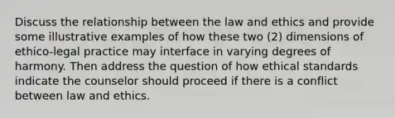 Discuss the relationship between the law and ethics and provide some illustrative examples of how these two (2) dimensions of ethico-legal practice may interface in varying degrees of harmony. Then address the question of how ethical standards indicate the counselor should proceed if there is a conflict between law and ethics.