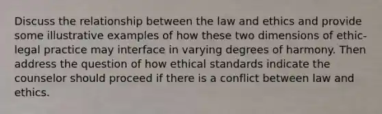 Discuss the relationship between the law and ethics and provide some illustrative examples of how these two dimensions of ethic-legal practice may interface in varying degrees of harmony. Then address the question of how ethical standards indicate the counselor should proceed if there is a conflict between law and ethics.