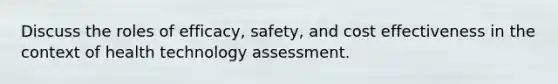 Discuss the roles of efficacy, safety, and cost effectiveness in the context of health technology assessment.