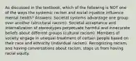 As discussed in the textbook, which of the following is NOT one of the ways the systemic racism and social injustice influence mental health? Answers: Societal systems advantage one group over another (structural racism). Societal acceptance and internalization of stereotypes perpetuate harmful and innacurate beliefs about different groups (cultural racism). Members of society engage in unequal treatment of certain people based on their race and ethnicity (individual racism). Recognizing racism, and having conversations about racism, stops us from having racial equity.