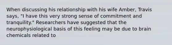 When discussing his relationship with his wife Amber, Travis says, "I have this very strong sense of commitment and tranquility." Researchers have suggested that the neurophysiological basis of this feeling may be due to brain chemicals related to