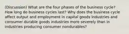 (Discussion) What are the four phases of the business cycle? How long do business cycles last? Why does the business cycle affect output and employment in capital goods industries and consumer durable goods industries more severely than in industries producing consumer nondurables?