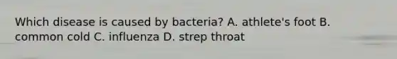 Which disease is caused by bacteria? A. athlete's foot B. common cold C. influenza D. strep throat