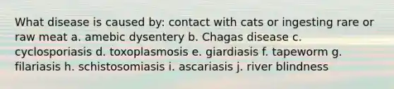 What disease is caused by: contact with cats or ingesting rare or raw meat a. amebic dysentery b. Chagas disease c. cyclosporiasis d. toxoplasmosis e. giardiasis f. tapeworm g. filariasis h. schistosomiasis i. ascariasis j. river blindness