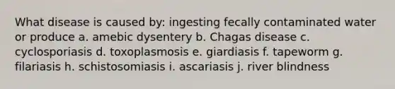 What disease is caused by: ingesting fecally contaminated water or produce a. amebic dysentery b. Chagas disease c. cyclosporiasis d. toxoplasmosis e. giardiasis f. tapeworm g. filariasis h. schistosomiasis i. ascariasis j. river blindness