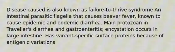 Disease caused is also known as failure-to-thrive syndrome An intestinal parasitic flagella that causes beaver fever, known to cause epidemic and endemic diarrhea. Main protozoan in Traveller's diarrhea and gastroenteritis; encystation occurs in large intestine. Has variant-specific surface proteins because of antigenic variations