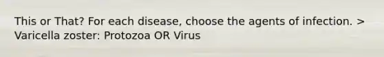 This or That? For each disease, choose the agents of infection. > Varicella zoster: Protozoa OR Virus