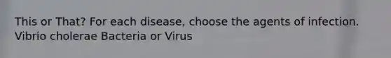 This or That? For each disease, choose the agents of infection. Vibrio cholerae Bacteria or Virus