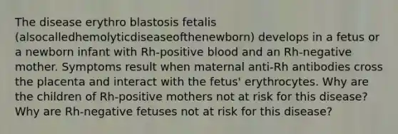 The disease erythro blastosis fetalis (alsocalledhemolyticdiseaseofthenewborn) develops in a fetus or a newborn infant with Rh-positive blood and an Rh-negative mother. Symptoms result when maternal anti-Rh antibodies cross the placenta and interact with the fetus' erythrocytes. Why are the children of Rh-positive mothers not at risk for this disease? Why are Rh-negative fetuses not at risk for this disease?