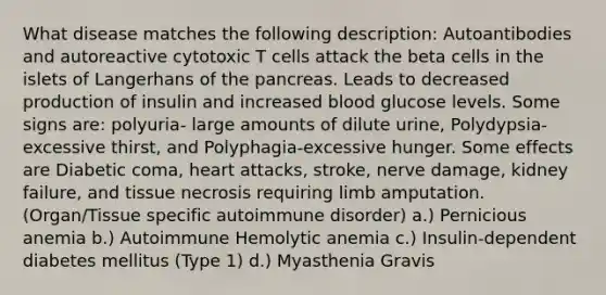 What disease matches the following description: Autoantibodies and autoreactive cytotoxic T cells attack the beta cells in the islets of Langerhans of the pancreas. Leads to decreased production of insulin and increased blood glucose levels. Some signs are: polyuria- large amounts of dilute urine, Polydypsia- excessive thirst, and Polyphagia-excessive hunger. Some effects are Diabetic coma, heart attacks, stroke, nerve damage, kidney failure, and tissue necrosis requiring limb amputation. (Organ/Tissue specific autoimmune disorder) a.) Pernicious anemia b.) Autoimmune Hemolytic anemia c.) Insulin-dependent diabetes mellitus (Type 1) d.) Myasthenia Gravis