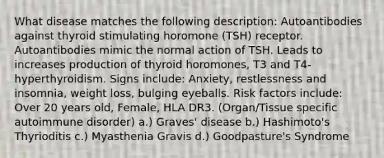 What disease matches the following description: Autoantibodies against thyroid stimulating horomone (TSH) receptor. Autoantibodies mimic the normal action of TSH. Leads to increases production of thyroid horomones, T3 and T4-hyperthyroidism. Signs include: Anxiety, restlessness and insomnia, weight loss, bulging eyeballs. Risk factors include: Over 20 years old, Female, HLA DR3. (Organ/Tissue specific autoimmune disorder) a.) Graves' disease b.) Hashimoto's Thyrioditis c.) Myasthenia Gravis d.) Goodpasture's Syndrome