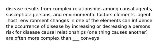 disease results from complex relationships among causal agents, susceptible persons, and environmental factors elements -agent -host -environment changes in one of the elements can influence the occurrence of disease by increasing or decreasing a persons risk for disease causal relationships (one thing causes another) are often more complex than ___ conveys