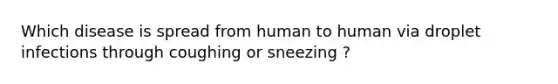 Which disease is spread from human to human via droplet infections through coughing or sneezing ?