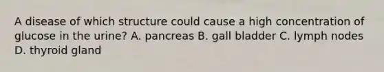 A disease of which structure could cause a high concentration of glucose in the urine? A. pancreas B. gall bladder C. lymph nodes D. thyroid gland