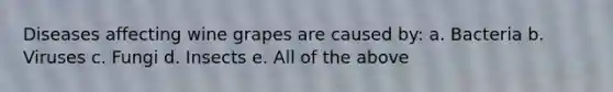 Diseases affecting wine grapes are caused by: a. Bacteria b. Viruses c. Fungi d. Insects e. All of the above